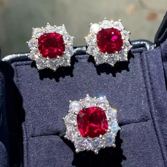 White Gold Plated Luxury Ruby Diamond Jewelry sets - Picture 5 of 8